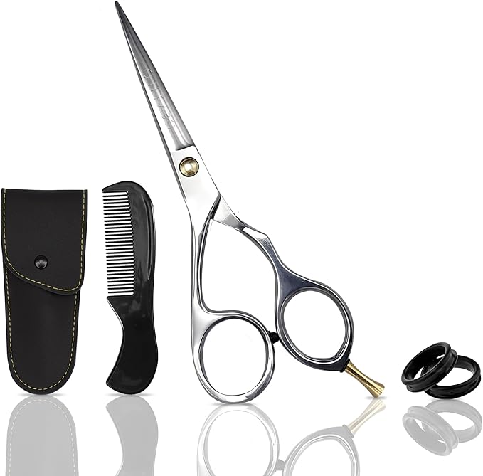 Ontaki Beard & Mustache Scissors For Men - 5.5" 420C Japanese Steel, Silver, Right Hand - Engineered Sharpness for Barber Shears - Comfort Grip for Grooming Scissors - Includes Beard Comb