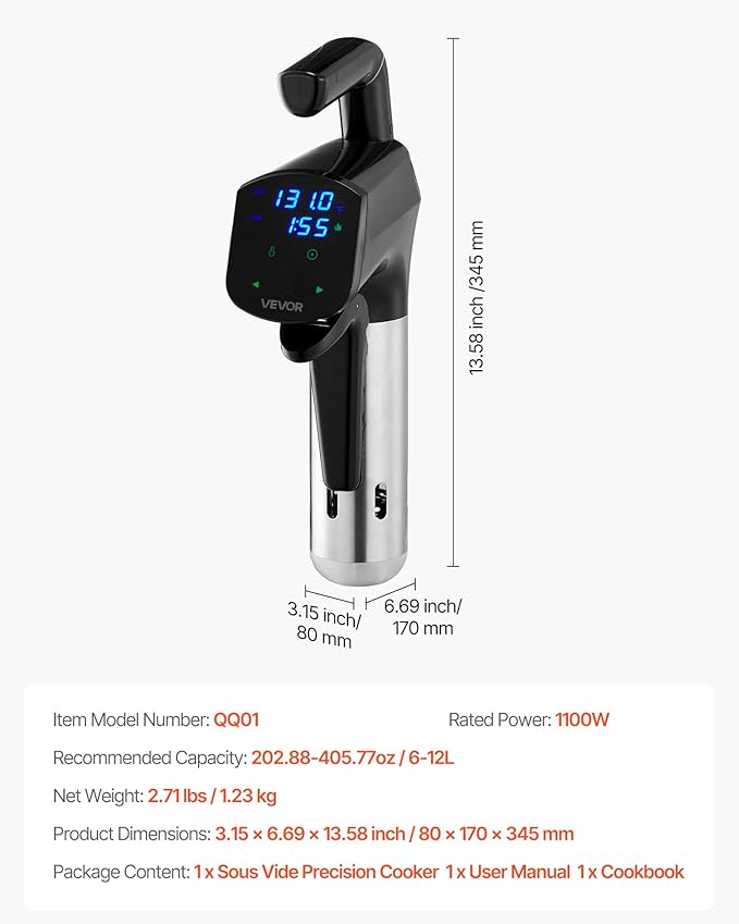 VEVOR Sous Vide Precision Cooker, 1100W Sous-Vide Cooking Machine, Immersion Circulator with LED Digital Display, Secure Clamp Design, Temperature & Timer Control, Professional Sous Vide Cooker