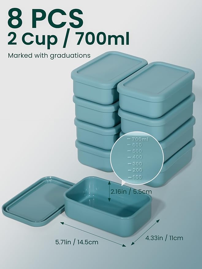 8 Pcs 2 Cup Silicone Freezer Trays With Lid, 23 oz Meal Prep Silicone Molds, Reusable Freezer Storage Containers for Soups, Sauces, Stews, Leftovers (Slate Gray)