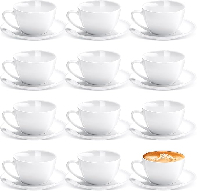 Maxdot 12 Set 5.5 OZ Porcelain Espresso Cups with Saucers White Ceramic Coffee Cups and Saucers Cappuccino Mug Latte Cup for Cafe Mocha Barista Coffee Shop