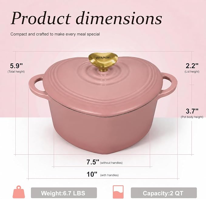 Overmont Heart-Shaped Enameled Cast Iron Dutch Oven, 2QT Pink Mini Pot with Lid for Cozy Meals, Soups & Small Batch Baking, Cute Kitchen Cookware Gift for Wedding, Housewarming & Birthday
