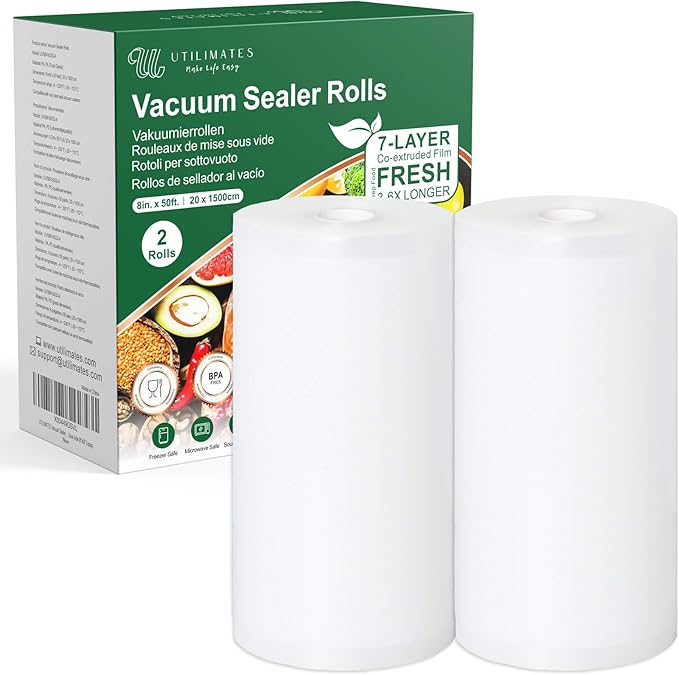 Vacuum Sealer Bags for Food, 8 Inch 50 Feet Custom Size 2-pack | Heavy Duty BPA-free Vacuum Sealer Bags Rolls for Food Saver, Freezer Food Storage, Seal a Meal, Sous Vide, Meal Prep