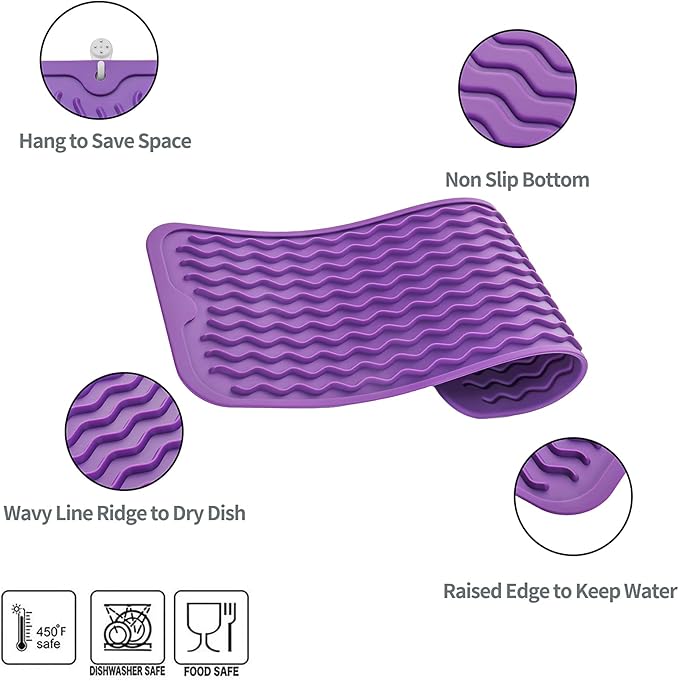 MicoYang Silicone Dish Drying Mat for Multiple Usage,Easy clean,Eco-friendly,Heat-resistant Silicone Mat for Kitchen Counter,Sink,Bar,Bottle,or Cup Purple M 17 inches x 6 inches