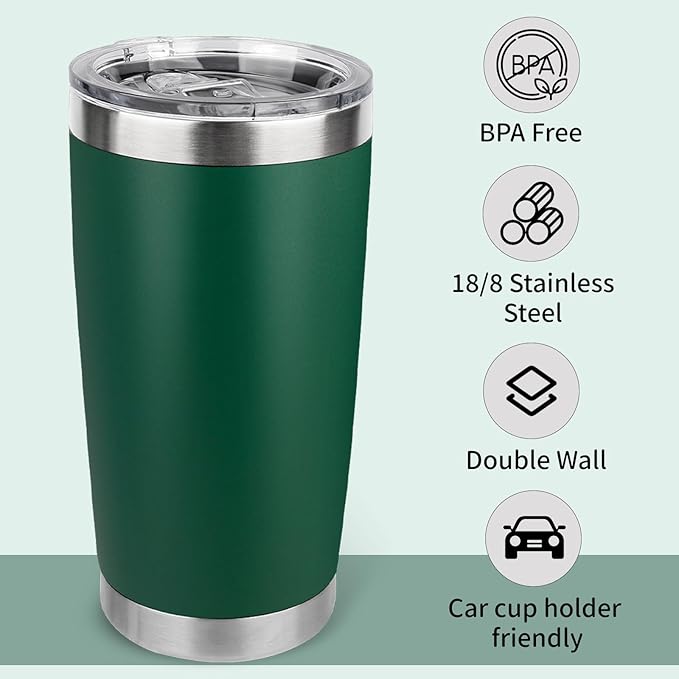 20oz Stainless Steel Tumbler Bulk with Lid, Travel Mug - Double Wall Vacuum Powder Coated Cup - Dark Green, 6 Pack