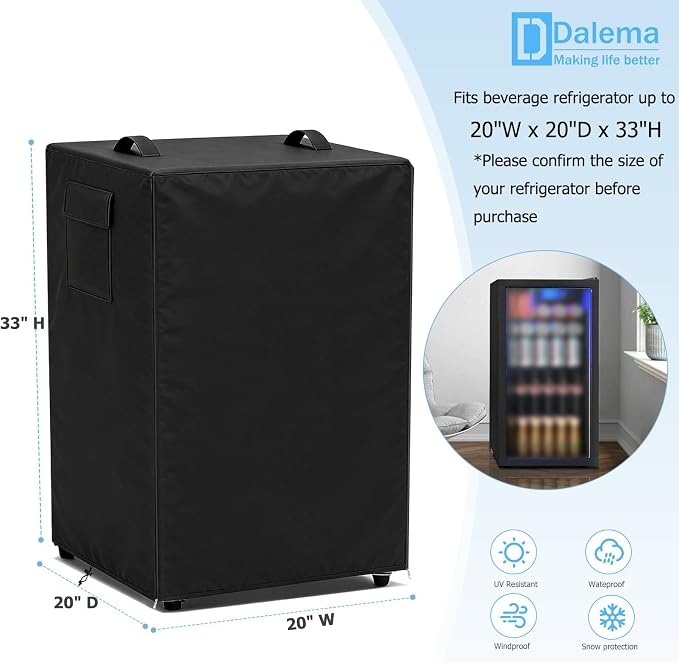 Outdoor Refrigerator Cover,600D Heavy Duty 100% Waterproof Upright Freezer Cover,Outside Stand Up Fridge Covers.Front Can Be Rolled-Up by Zippers.(Black,20" W x 20" D x 33" H)
