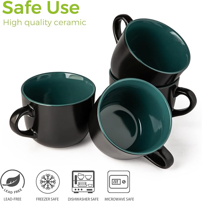 AmorArc 24 oz Soup Mugs with Handles, Jumbo Ceramic Bowls Mugs Set with handles for Coffee Cereal Cappuccino Snacks, Microwave&Dishwasher safe Soup Cups for Meal-Green