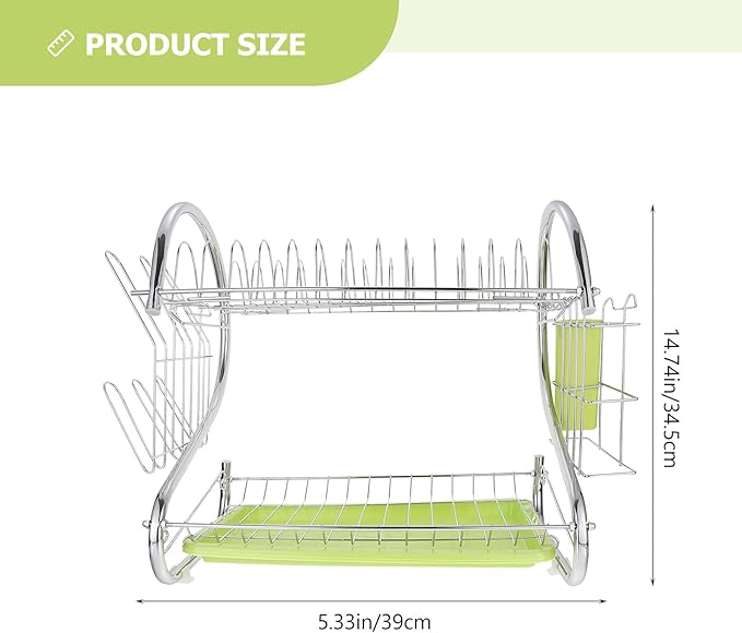 Double-Layer Dish Rack with Bowl Container, Iron Kitchen Utensils Holder, Multifunctional Draining Rack Over Sink Drying and Kitchen Storage, Green