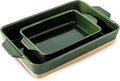 Ceramic Baking Casserole Dish with Handles, Large 9x13 inch Pan and Middle Baking Pan - Porcelain Serving Bakeware Set (Forest Green)