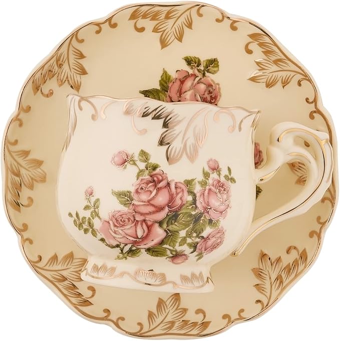 Tea Cups and Saucers Set of 4, 8 Oz Ivory Rose Floral Porcelain Teacup and Saucer Set with Gold Trim, Vintage Tea Cups with Spoon, European Style (Pink Rose)