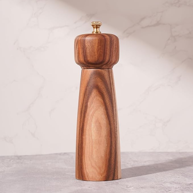 Salt Mill, Salt or Pepper Grinder with Adjustable Ceramic Grinding Core, Spice mill for Pepper and Salt, Acacia Wood, 8 inch/20.5 cm Height, Bottom DIA: 2.36 inch/6 cm(Tray is NOT Included)