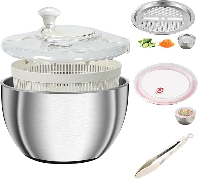 Stainless Steel Salad Spinner Large 5.29QT Spin Dry Salad Greens Fruit Washing Bowl with Strainer Vegetable Cleaner washer Lettuce Spinner with slicer and julienne cutter (TGJ-01-white2)