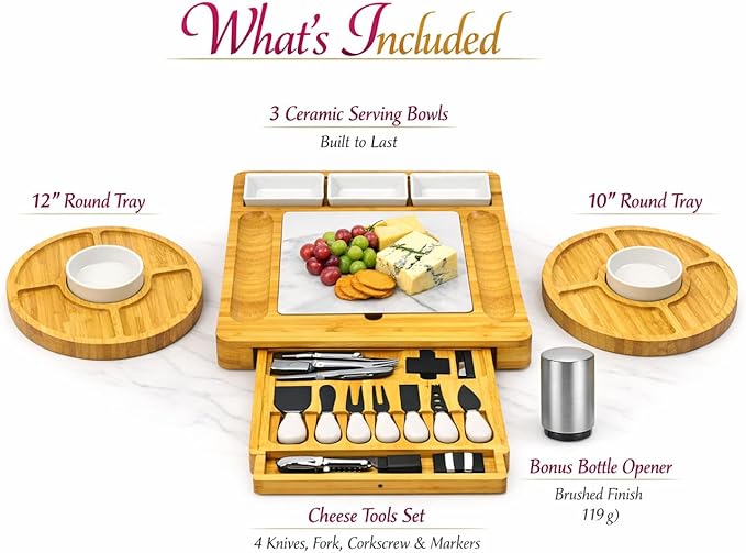 Charcuterie Board Set with Drawer & Bowls, Bamboo Cheese Board with Knife Set & Stainless Steel Bottle Opener, Large Serving Board for Entertaining, Housewarming & Wedding Gifts