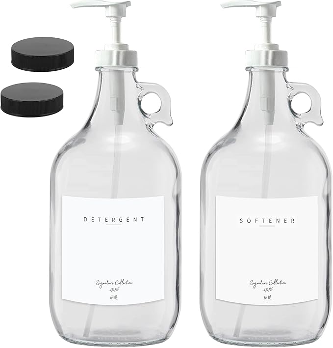 Laundry Detergent Dispenser for Laundry Room - Two Half Gallon Glass Jugs for Fabric Softener Dispenser, Liquid Laundry Soap Dispenser and Bleach - 64 oz. White Commercial Liquid Pump Dispenser