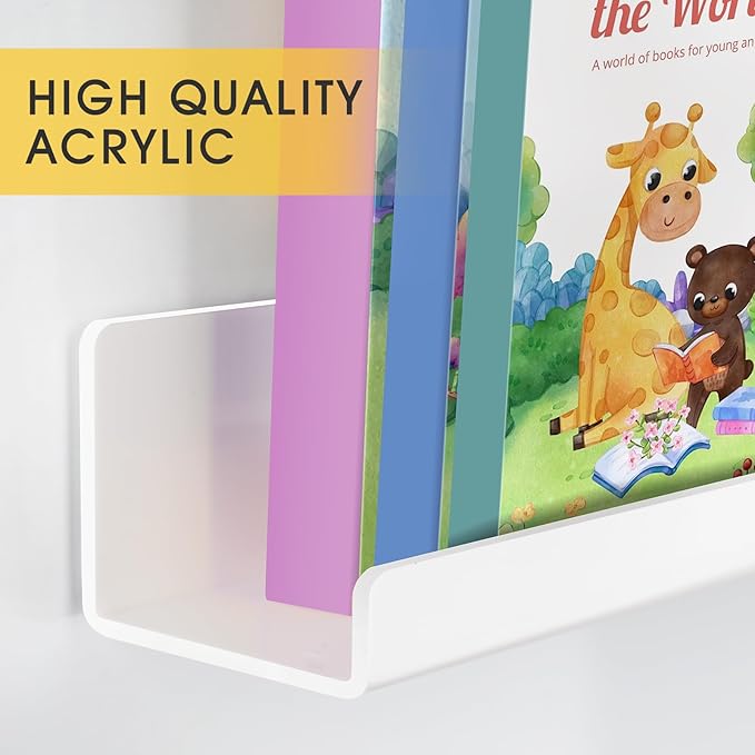 NiHome Magnetic White Acrylic Book Shelves 2-Pack, 17'' for Whiteboard, Classroom and Fridge Storage, Sleek Design for Large Picture Books and File Holders, Holds up to 8.5 lbs