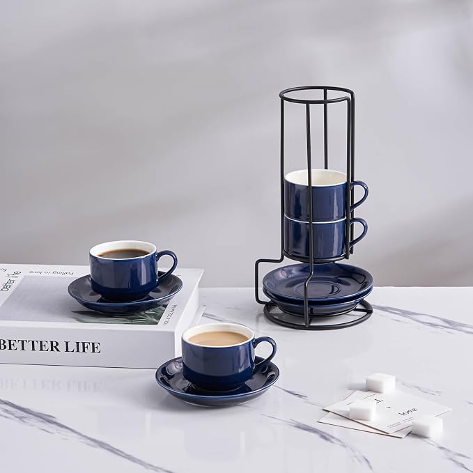 YOLIFE 2.5oz Espresso Cups Set of 4, Porcelain Stackable Espresso Cups with Saucers and Metal Stand, Expresso Shots Cup-Blue