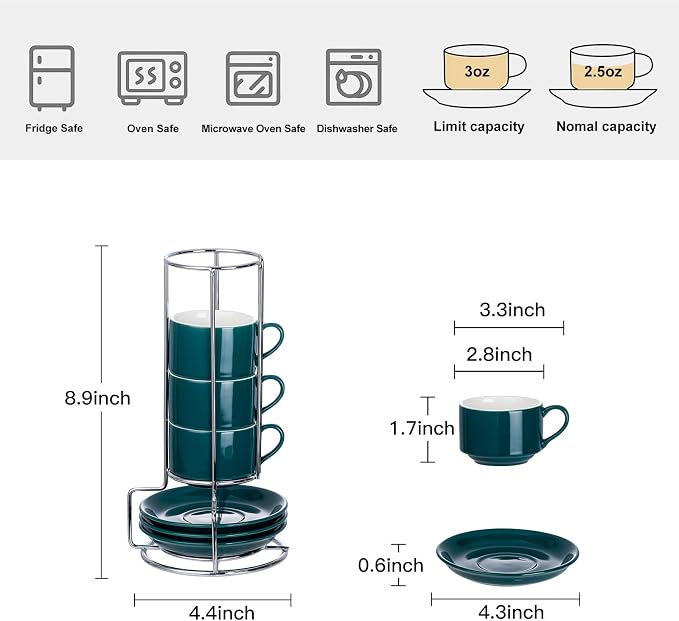 2.5oz Espresso Cups Set of 4, Small Stackable Coffee Cups with Saucers and Metal Stand, Ceramic Demitasse Cups, Cappuccino Cups for Coffee Drinks, Latte, Green