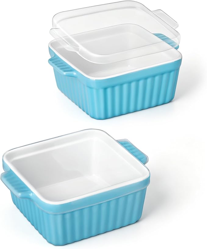 MALACASA Baking Dishes for Oven, Small Ceramic Baking Dishes with Silicone Lids for Individual Portions 5.5" x 5.5" Square Casserole Dishes Set of 2 Oven Microwave, and Air Fryer Safe, Blue