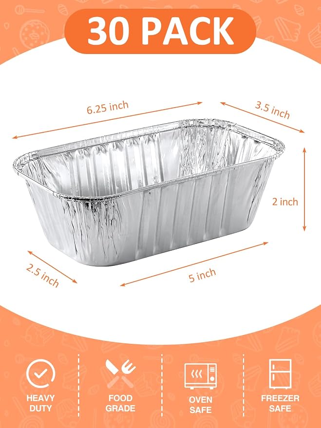 NEEBAKE 30 Pack 6x3.5x2 Disposable Aluminum Loaf Pans - 1 Lb Mini Loaf Pans, Small Aluminum Tin Foil Baking Pan, Food Containers for Baking, Cakes, Bread, Meat, Loaves