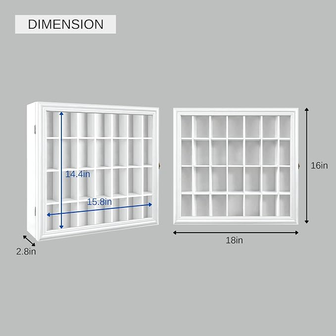 Shot Glass Display Cabinet Solid Wood - Large Display Case for Collectibles | Man Cave Accessories | UV Protection Acrylic Door | Wall Mounted Black Shadow Box | 28 Divided Slots | 18" x 16"