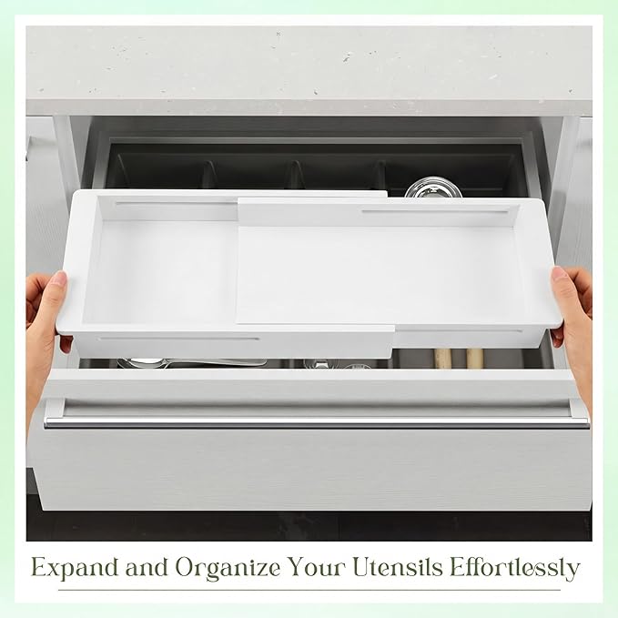 LemonRoad 2 Pcs Sliding Drawer Organizer Bin Bamboo Drawer Expandable Bins Utensil Organizer for Kitchen Spoons Forks Knives (White)