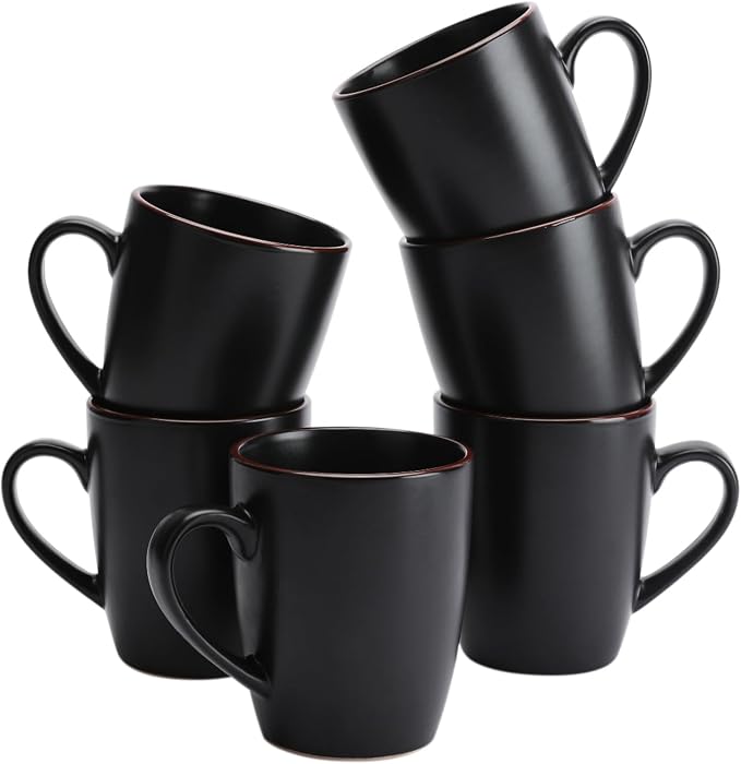 famiware Venus Coffee Mugs for 6, 13 oz Mug Set, Dringking Cup with Handle for Coffee, Tea, Cocoa, Milk, Matte Black