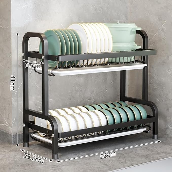 Dish Drying Rack, 2-Tier Space-Saving Dish Rack for Kitchen Counter, Metal Kitchen Organizers and Storage Rack, Large Capacity Dish Drainer, Black