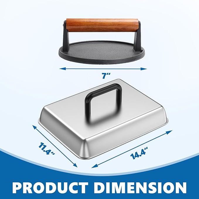 SafBbcue Round Cast Iron Smash Burger Grill Weight Press & Griddle Steamer Melting Dome Basting Cover for Blackstone Flat Top Grills Accessories, 14" Rectangular Stainless Steel Grill Basting Cover