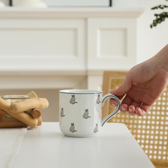 London Pottery 250ml/8.5-Ounce Ceramic Drinking Cup with Handle, Porcelain Mug for Hot Coffee, Tea, or Cocoa, Microwave, Dishwasher, Freezer Safe (Cat，Mug，250ml)