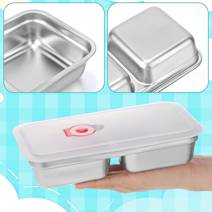 Teenyyou 12 Pcs Stainless Steel Snack Containers 30 oz 2-compartment Meal Prep Containers Reusable Metal Divided Bento Box with Silicone Lids Leakproof Lunch Box Dishwasher Safe (White)