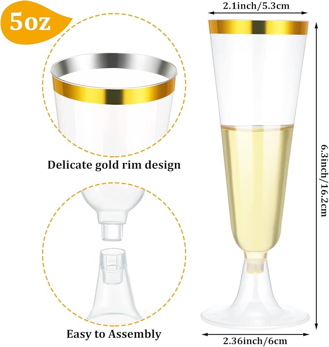 CHENGU 150 Pcs Champagne Flutes 5 Oz Plastic Disposable Champagne Flutes Crystal Wine Glasses Reusable Plastic Cocktail Cups for Wedding Celebration Toasting Drinking (Gold,Classic)