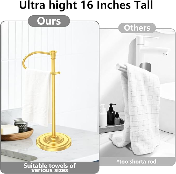 Brass Gold Bath Hand Towel Holder Stand,Stainless Steel 16 Inch Free Standing Towel Rack,Heavy Weight Towel Bar for Bathroom Vanity Countertop &Kitchen