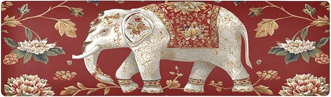 2 in 1 Table Runner Trivet for Hot Pots and Pans Heat Resistant Non Slip Waterproof 39 x 12 Inch Decorative Table Protector for Kitchen Countertop Red Floral Retro Elephants