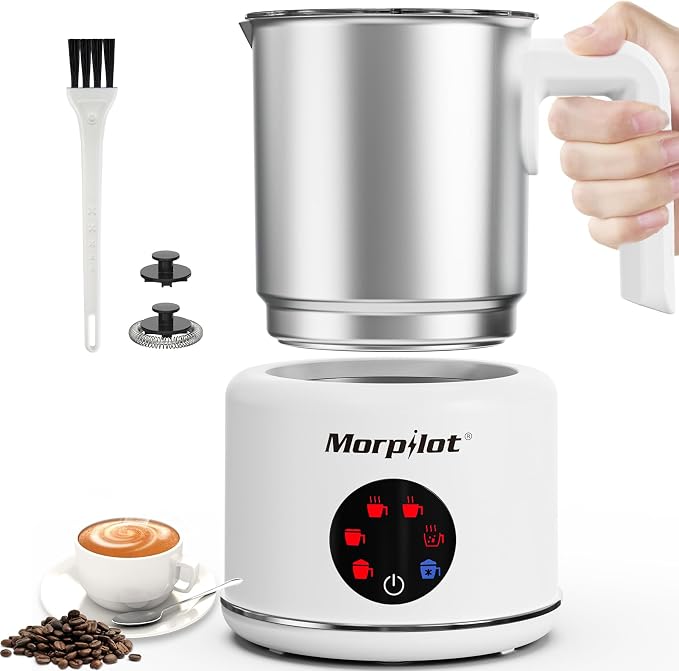 Large Electric Milk Frother and Steamer, 16.9oz/500ml Milk Steamer and Frother for Latte or Hot Chocolate, Dishwasher Safe, 6 Functions, Enjoy Perfect Milk Froth in 2 Min(White-Stainless Steel)
