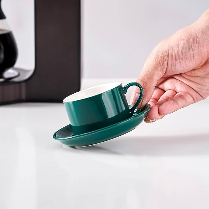 2.5oz Espresso Cups Set of 4, Porcelain Stackable Espresso Cups with Saucers and Metal Stand Set, Green Expresso Shots Cup Set