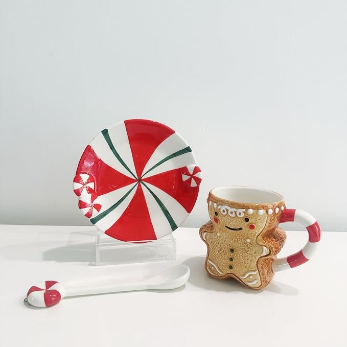 Ceramic Christmas Tea Cup and Saucer Set，200ML(6.8OZ) 3D Hand-painted Christmas Gingerbread Man Coffee Mug，Round Saucer, Spoon