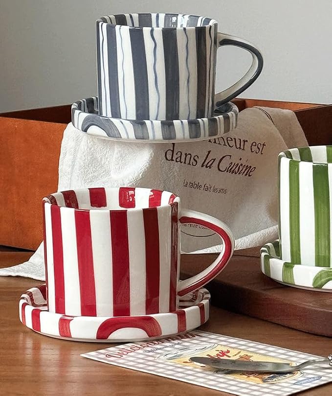 Cup and Saucer Set Hand-Painted Red Stripes, 8 Oz Ceramic Coffee Mug, Espresso Cups, Porcelain Coffee Cup for Cappuccino, Espresso, Coffee, Tea, Cafe Mocha, Latte, Set of Cup Gift for Coffee Lover