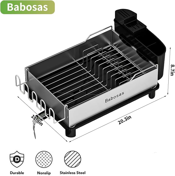 Dish Drying Rack,Large Capcity 304 Stainless Steel Dish Rack for Kitchen Counter,Dish Drainer with Drainboard Set and Utensil Holder & Detachable Cup Shelf,Rustproof Multifunctional Organizer Black