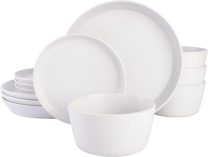 Gibson Soho Lounge Sofia Coupe Stoneware Dinnerware Set, Service for 4 (12pcs), White w/Speckle