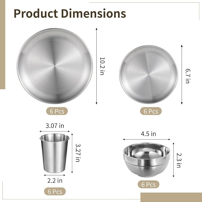 24 PCS Stainless Steel Dinnerware Set, Includes 12PCS 6.7 & 10.2 in Plates, 6 Pieces Bowls and 6 Pieces Cups, 304 Reusable Camping Mess Kits for Home Kitchen, Dorm and Outdoor Picnic (Silver)
