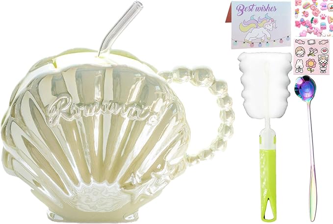 Pearl Shell Ceramic Coffee Mug with Coaster Set for Tea Latte Milk Cute Cup with Saucer for Home Office Women Gift 6.5 oz (Shell with Straw Green, 450 ml)