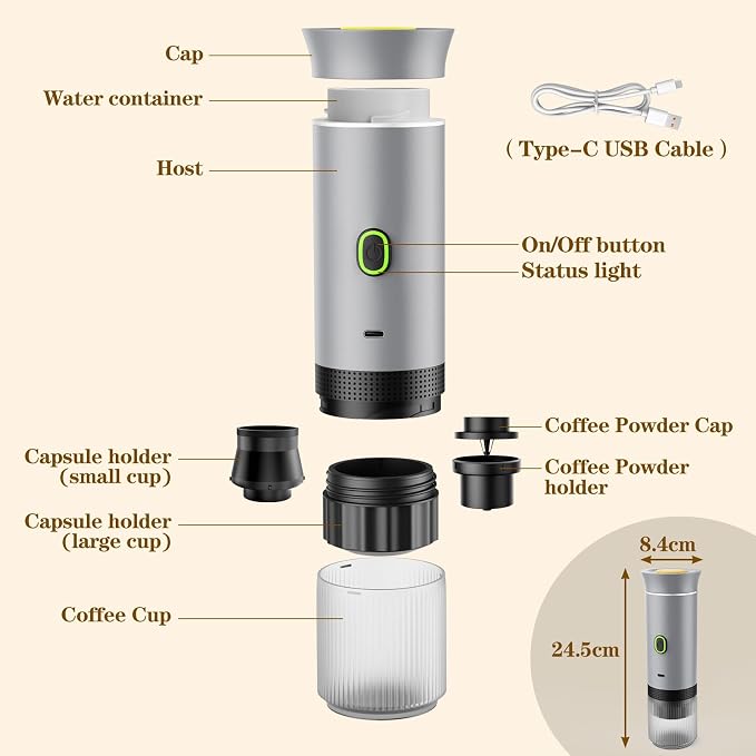 Portable Espresso Maker, Travel Coffee Maker for camping, Portable Espresso Machine with USB-C, 3-in-1 Small Espresso Machine with Ground Coffee & Capsules (NS＆DG) for RV, Hiking (Silver)