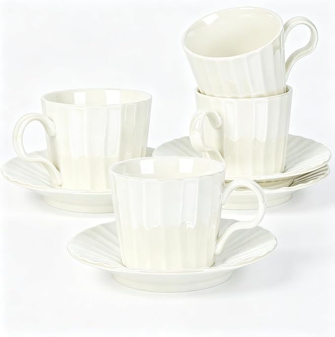Ceramic Coffee Cup, 8 oz Cappuccino Cups with Saucers, Coffee Cup Set for 4, Pearl Glaze Coffee Cup and Saucer Set for Latte, Mocha, Tea, Café, Dishwasher and Microwave Safe (Pearl White / 200 ml)