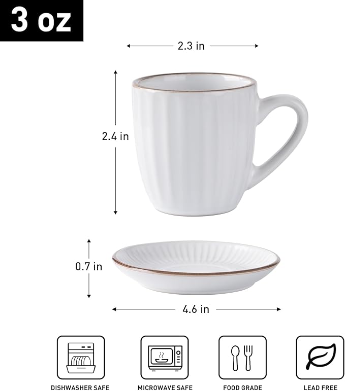 famiware Espresso Cups and Saucers Set of 4, 3 oz Ceramic Small Coffee Mug with Handle, Embossed Stoneware Demitasse Cup for Tea, Latte - Microwave & Dishwasher Safe - White Stripe