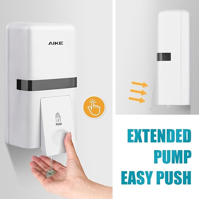 AIKE Wall Mount Liquid Soap Dispenser, 27oz Large Capacity with Extended Pump for Commercial Bathrooms,AK1008(White)