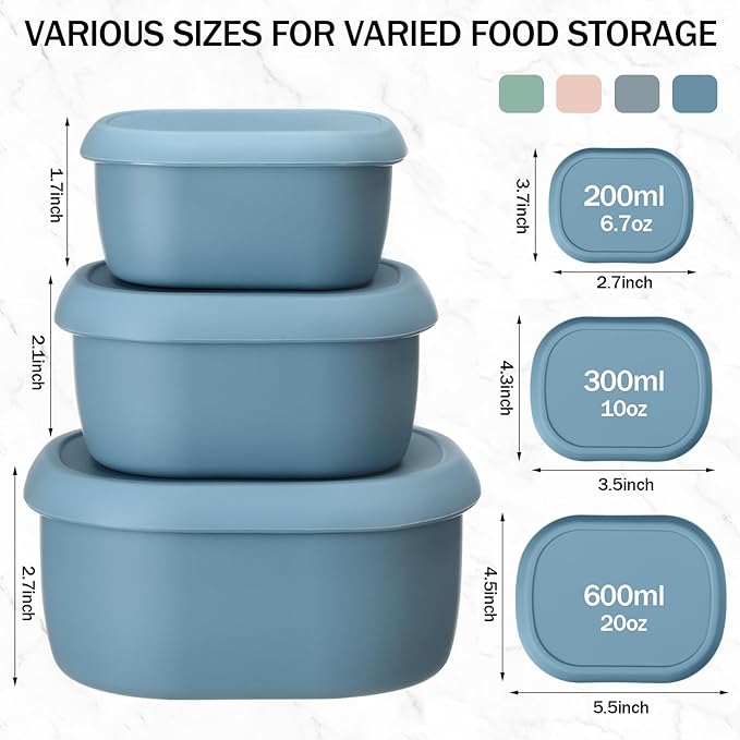 Blushtier 12 Pcs Silicone Food Storage Containers with Lids Reusable Silicone Snack Container 3 Size Silicone Lunch Box Bento with Lids Freezer Dishwasher Safe,6.7oz, 10oz, 20oz(Mo Landi Color)