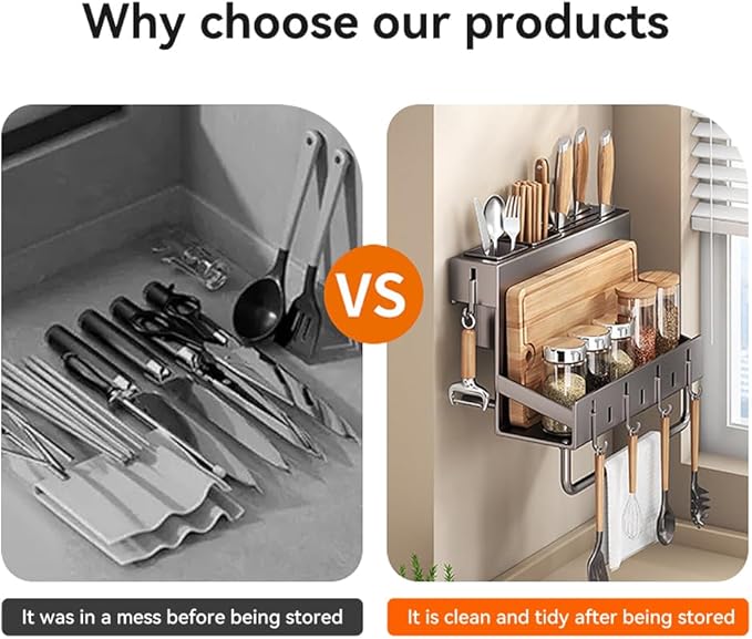 Multifunctional Wall-Mounted Knife Holder Kitchen Utensils Holder Spice Storage Organizer Rack for Knives, Spoons, Chopsticks, Towels, Pot Lids, Spice Jars (White)