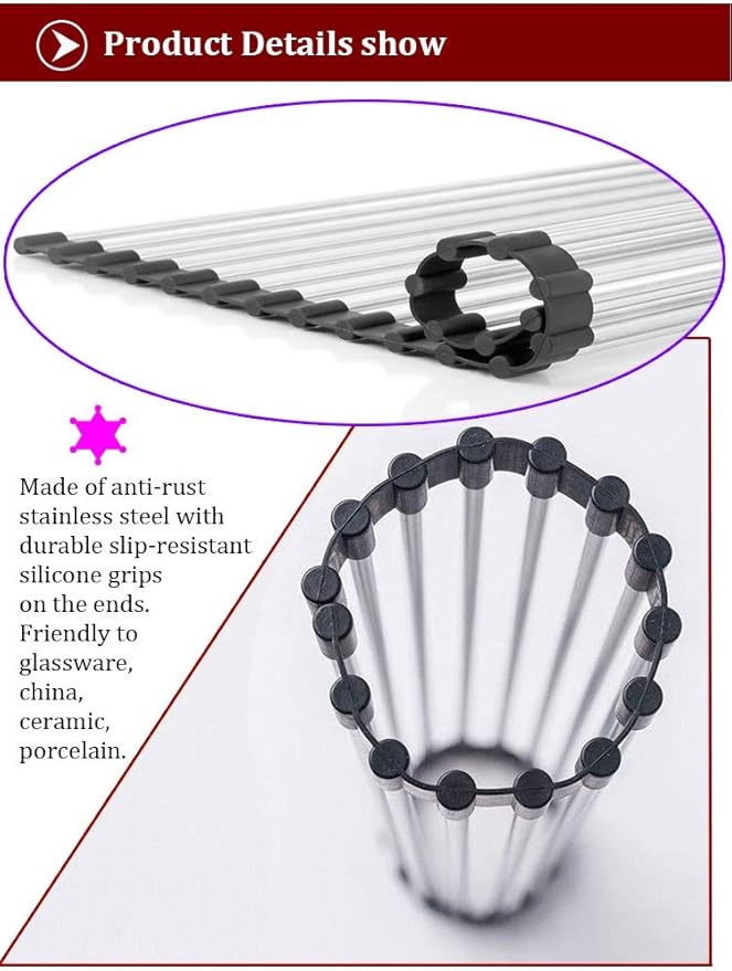 Foldable Roll Up Dish Drying Rack Drain Board Colander Mat and Dry Dishes Over The Sink Multipurpose Silicone Stainless Steel Dishes Drainer - 2pcs