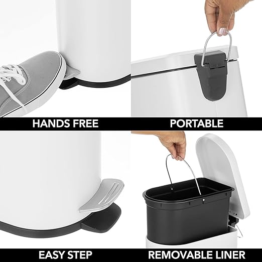mDesign 10 Liter/2.6 Gallon Stainless Steel Metal Step Trash Can Garbage Bin for Bathroom, Bedroom, Home Office - D-Shape Trashcan with Foot Pedal/Lid, Removable Liner Bucket with Handles, White