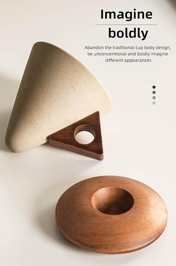 250ML- Retro ceramic coffee mug, Creative Cone coffee cup set for women elegant small- Solid wood handle and coaster - Suitable for home, restaurant, party and office use. (light brown handle)