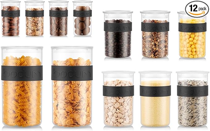 Bodum Presso Storage Container Jars for Food, Pasta, Cereal, Flour, Coffee, Snacks, and More, BPA-Free Plastic w/Airtight Silicone Seal, 12pc Set - Black